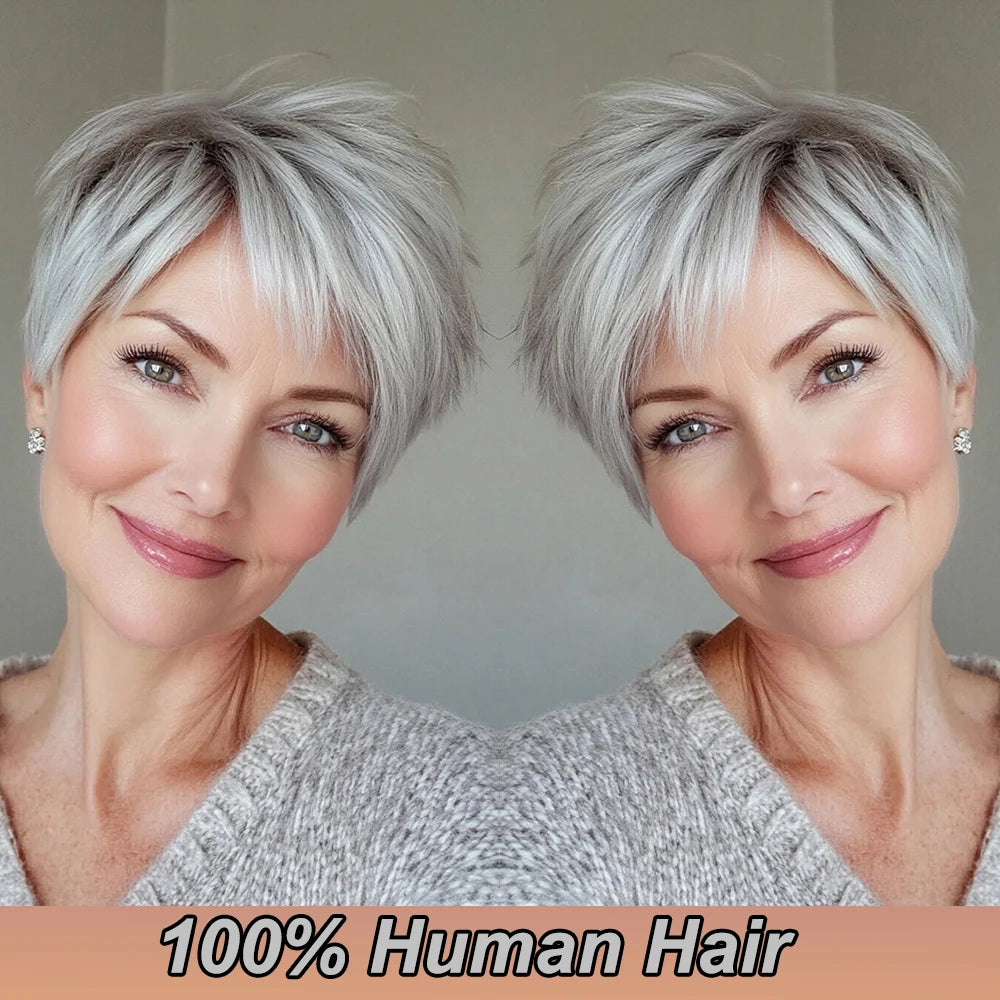 Silver Gray Pixie cut Wigs Human Hair Grey Pixie Cut with Straight Layered Hair for Women Short Hair Wig Full Machine-Made Wig