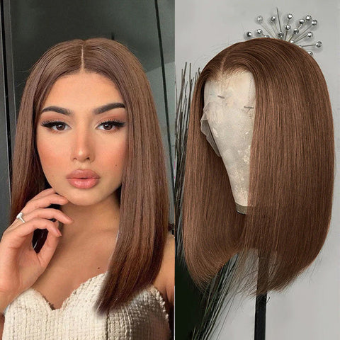 #4 Chocolate Brown Short Straight Bob 13x4/13x6 Lace Front Wig Human Virgin Hair 150% Density