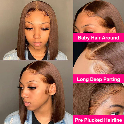 #4 Chocolate Brown Short Straight Bob 13x4/13x6 Lace Front Wig Human Virgin Hair 150% Density