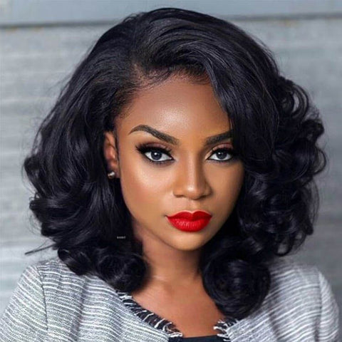 Loose Wavy Bob Wigs with Side Part Glueless Lace Front Human Hair Wigs