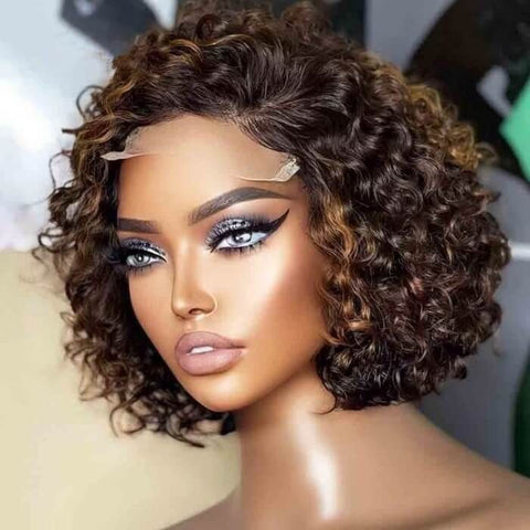 Wear Go Glueless Highlight Short Curly Bob Wigs Pre Cut Lace Human Hair Wigs