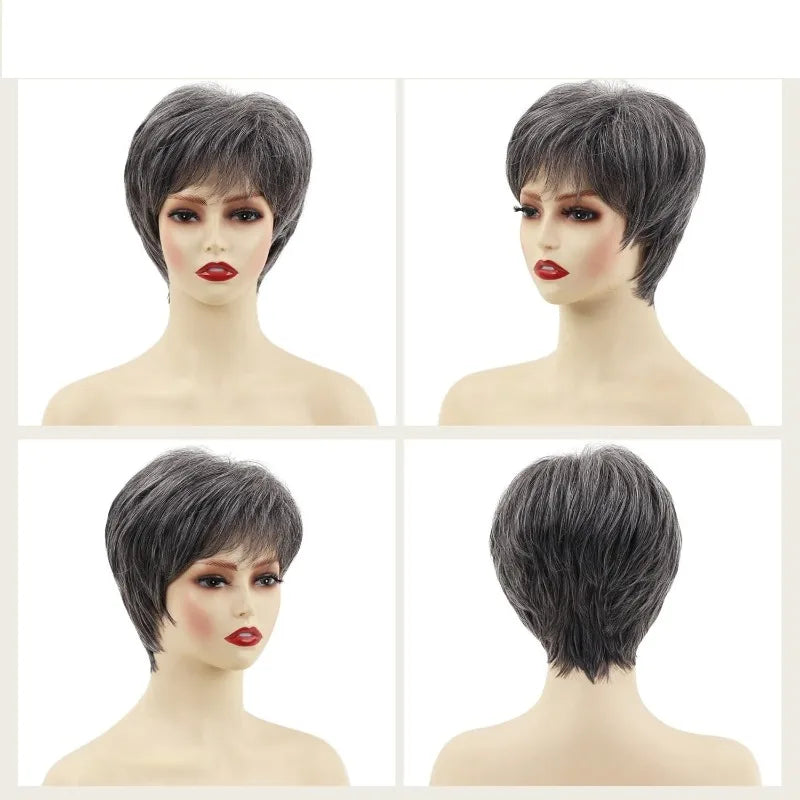 100% Human Hair Short Wig 4 Inch 150% Density Full Machine Made Light Gray Pixie Cut Wig Natural Looking For Daily Use