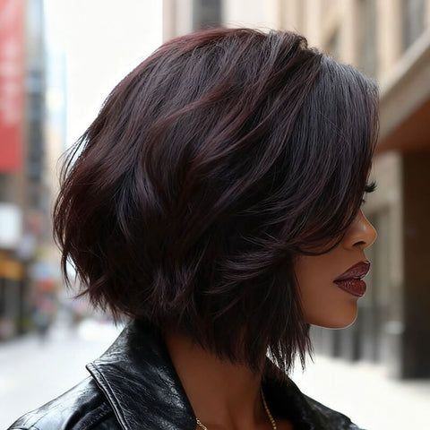 Wear and Go Wigs Deep Burgundy Short Bob Wig Real Glueless Human Hair Wigs
