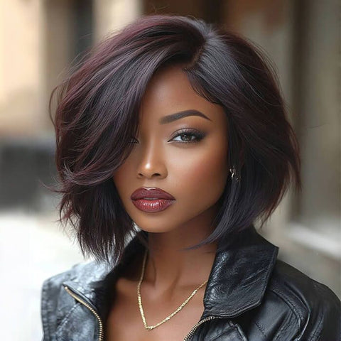 Wear and Go Wigs Deep Burgundy Short Bob Wig Real Glueless Human Hair Wigs