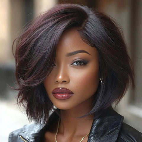 Wear and Go Wigs Deep Burgundy Short Bob Wig Real Glueless Human Hair Wigs