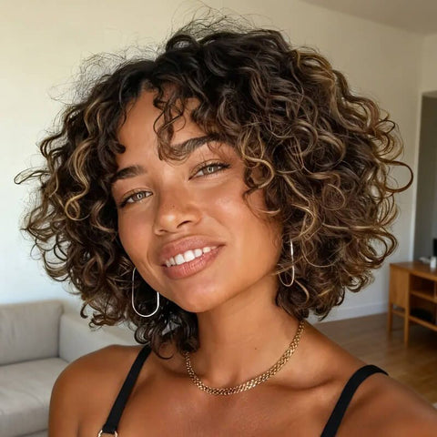 Brown Highlight Short Pixie Cut Curly Bob Wigs With Bangs Glueless Human Hair Wigs