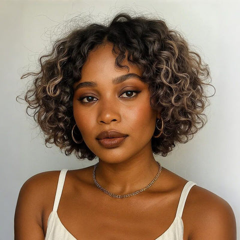 Brown Highlight Short Pixie Cut Curly Bob Wigs With Bangs Glueless Human Hair Wigs