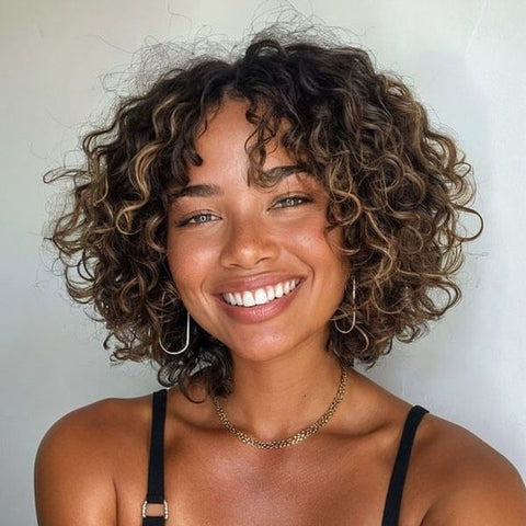 Brown Highlight Short Pixie Cut Curly Bob Wigs With Bangs Glueless Human Hair Wigs