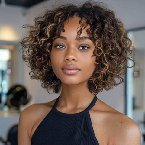 Brown Highlight Short Pixie Cut Curly Bob Wigs With Bangs Glueless Human Hair Wigs