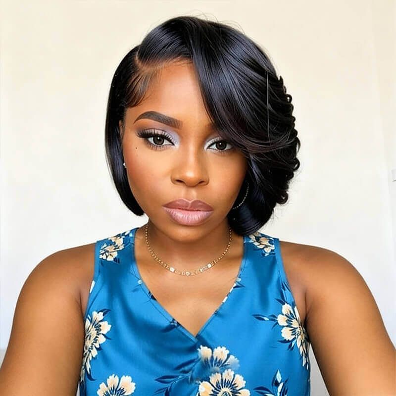 Wear and Go Wigs Side Part Short Bob Wig With Bangs Pre Cut Lace Human Hair Wigs