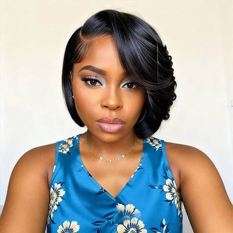 Wear and Go Wigs Side Part Short Bob Wig With Bangs Pre Cut Lace Human Hair Wigs