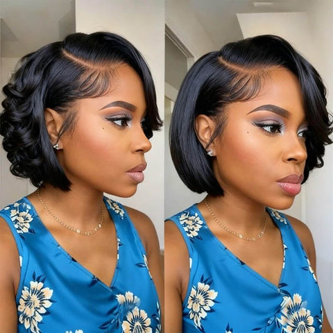 Wear and Go Wigs Side Part Short Bob Wig With Bangs Pre Cut Lace Human Hair Wigs
