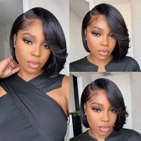 Wear and Go Wigs Side Part Short Bob Wig With Bangs Pre Cut Lace Human Hair Wigs