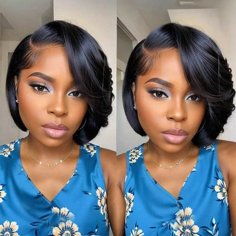 Wear and Go Wigs Side Part Short Bob Wig With Bangs Pre Cut Lace Human Hair Wigs