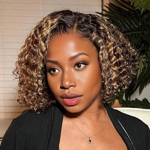 Wear and Go Wigs Brown With Golden Blonde Highlight Short Curly Bob Wig Human Hair Wigs