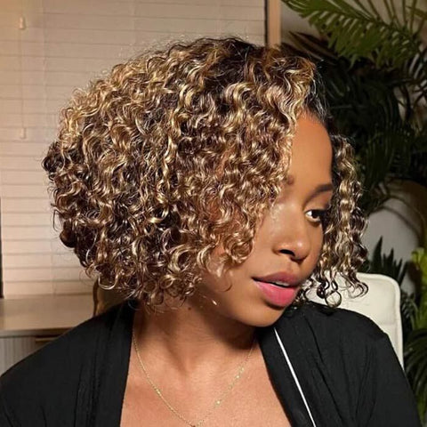 Wear and Go Wigs Brown With Golden Blonde Highlight Short Curly Bob Wig Human Hair Wigs