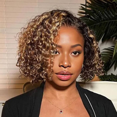 Wear and Go Wigs Brown With Golden Blonde Highlight Short Curly Bob Wig Human Hair Wigs