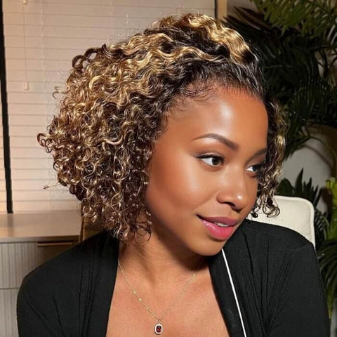 Wear and Go Wigs Brown With Golden Blonde Highlight Short Curly Bob Wig Human Hair Wigs
