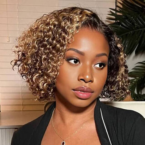 Wear and Go Wigs Brown With Golden Blonde Highlight Short Curly Bob Wig Human Hair Wigs