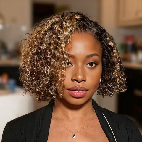 Wear and Go Wigs Brown With Golden Blonde Highlight Short Curly Bob Wig Human Hair Wigs