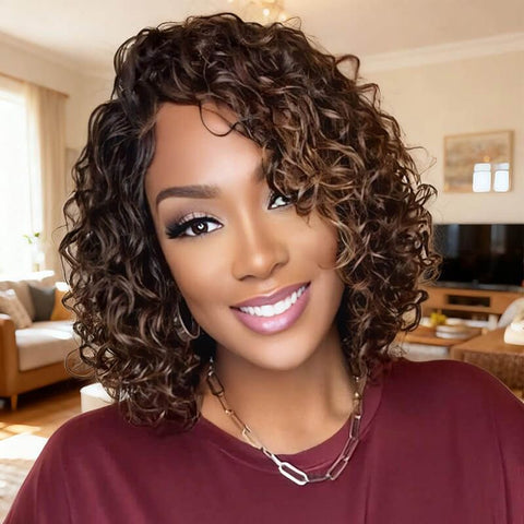 Highlights Loose Curly Closure Lace Short Bob Wig Glueless Human Hair Wigs