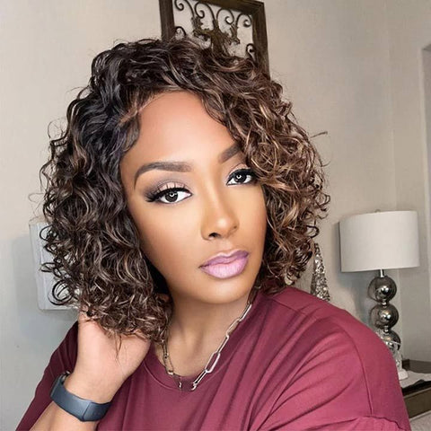 Highlights Loose Curly Closure Lace Short Bob Wig Glueless Human Hair Wigs