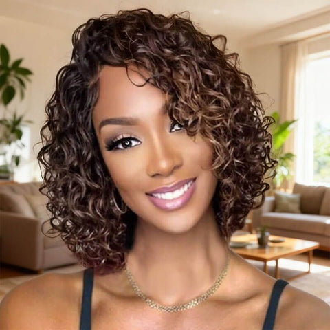 Wear and Go Wigs Highlights Loose Curly Bob Wigs with Side Part Glueless Human Hair Wigs