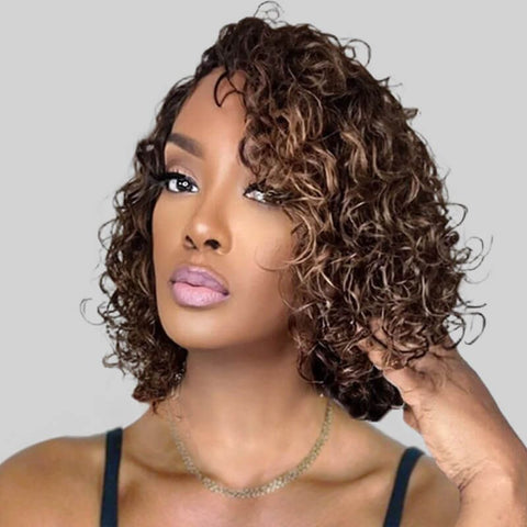 Wear and Go Wigs Highlights Loose Curly Bob Wigs with Side Part Glueless Human Hair Wigs