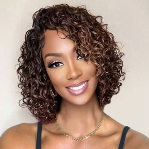 Wear and Go Wigs Highlights Loose Curly Bob Wigs with Side Part Glueless Human Hair Wigs