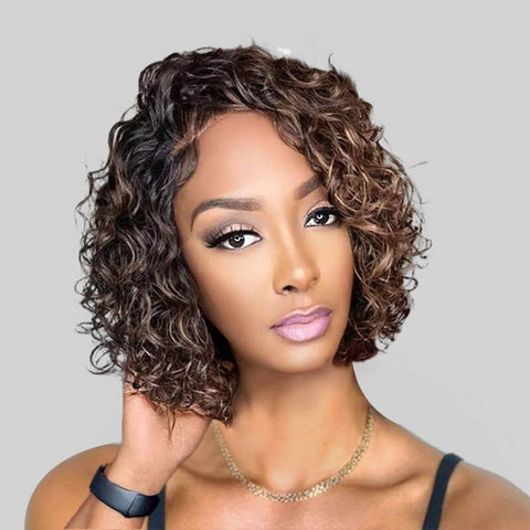 Wear and Go Wigs Highlights Loose Curly Bob Wigs with Side Part Glueless Human Hair Wigs