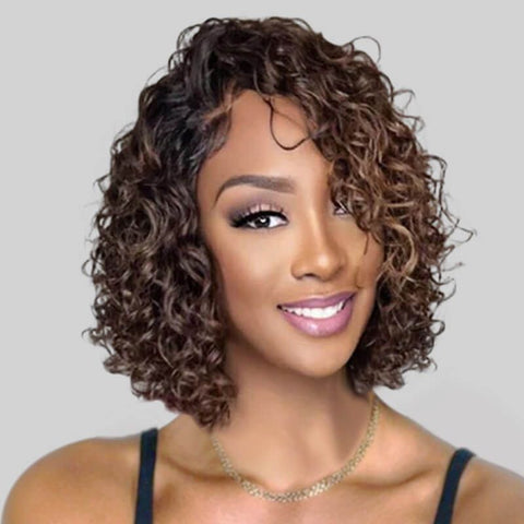 Wear and Go Wigs Highlights Loose Curly Bob Wigs with Side Part Glueless Human Hair Wigs