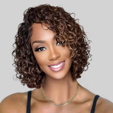 Wear and Go Wigs Highlights Loose Curly Bob Wigs with Side Part Glueless Human Hair Wigs
