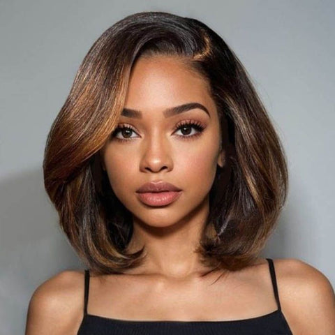 Wear and Go Wigs Brown Highlight Bob Wigs with Side Part Glueless Human Hair Wigs