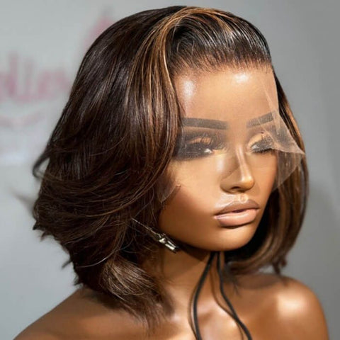 Wear and Go Wigs Brown Highlight Bob Wigs with Side Part Glueless Human Hair Wigs