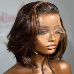 Wear and Go Wigs Brown Highlight Bob Wigs with Side Part Glueless Human Hair Wigs