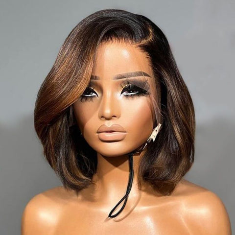 Wear and Go Wigs Brown Highlight Bob Wigs with Side Part Glueless Human Hair Wigs