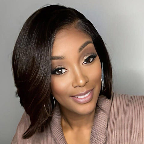 Put On & Go Glueless Brown Ombre Side Part Bob Wig Pre Cut Lace Human Hair Wigs