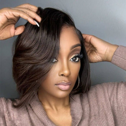 Put On & Go Glueless Brown Ombre Side Part Bob Wig Pre Cut Lace Human Hair Wigs