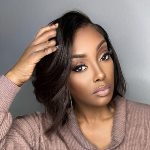 Put On & Go Glueless Brown Ombre Side Part Bob Wig Pre Cut Lace Human Hair Wigs