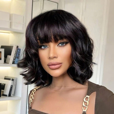Short Wave Bob Wigs With Bangs Pre Cut Lace Glueless Human Hair Wigs