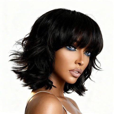 Short Wave Bob Wigs With Bangs Pre Cut Lace Glueless Human Hair Wigs