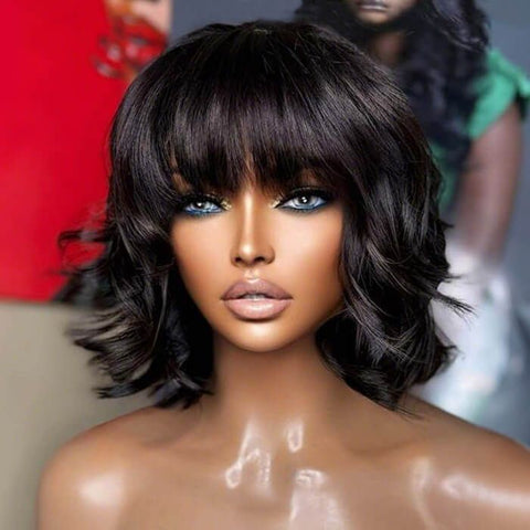 Short Wave Bob Wigs With Bangs Pre Cut Lace Glueless Human Hair Wigs