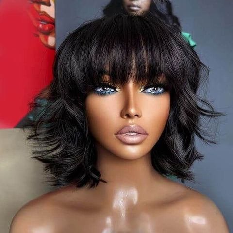 Short Wave Bob Wigs With Bangs Pre Cut Lace Glueless Human Hair Wigs