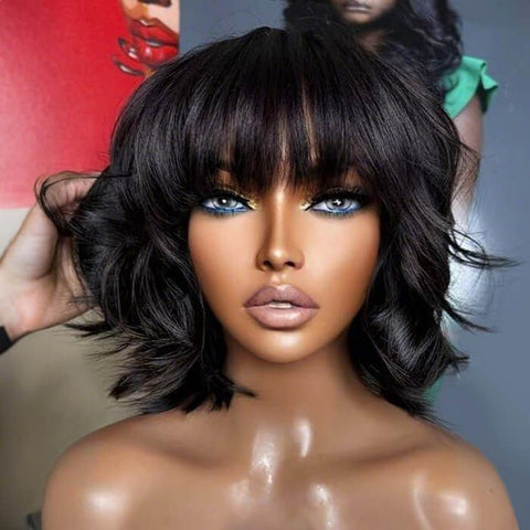 Short Wave Bob Wigs With Bangs Pre Cut Lace Glueless Human Hair Wigs