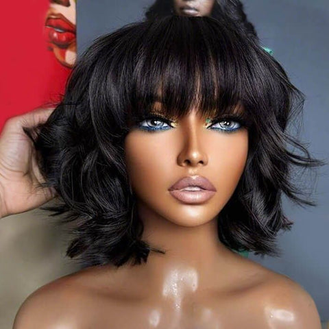 Short Wave Bob Wigs With Bangs Pre Cut Lace Glueless Human Hair Wigs