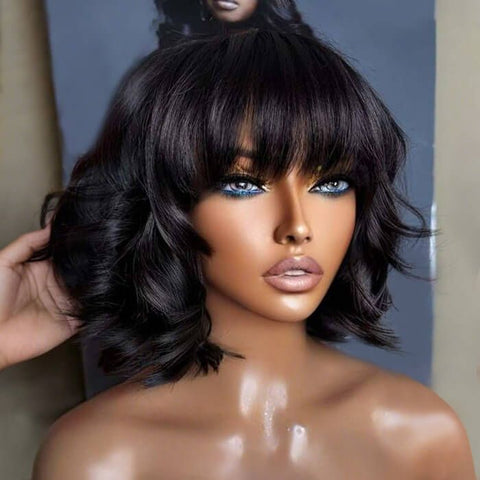 Short Wave Bob Wigs With Bangs Pre Cut Lace Glueless Human Hair Wigs