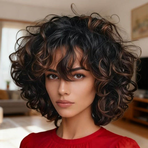 Wear and Go Wigs #1B/30 Highlight Curly Bob Wigs With Bangs Glueless Human Hair Wigs