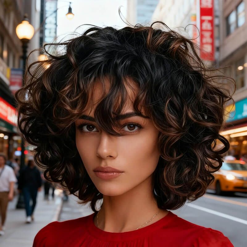 Wear and Go Wigs #1B/30 Highlight Curly Bob Wigs With Bangs Glueless Human Hair Wigs