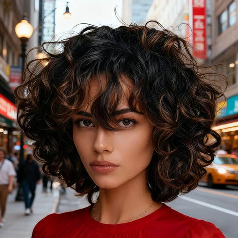 Wear and Go Wigs #1B/30 Highlight Curly Bob Wigs With Bangs Glueless Human Hair Wigs