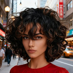 Wear and Go Wigs #1B/30 Highlight Curly Bob Wigs With Bangs Glueless Human Hair Wigs